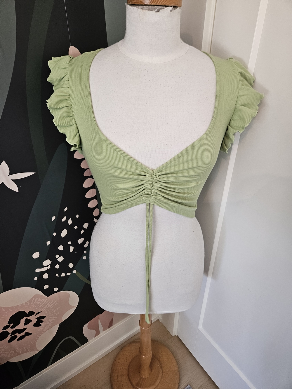 Zara Light Sage Green Ruched Crop Top with Ruffle Sleeves